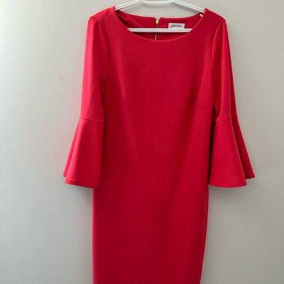 Coral Calvin Klein Trumpet Sleeve Dress - Picture 6 of 7